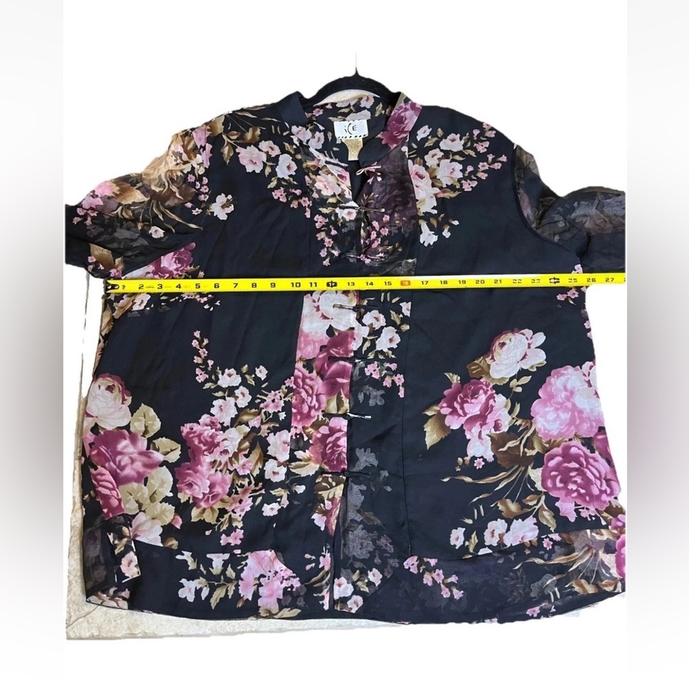 Vintage Silk Floral Blouse 3X Sheer Sleeve Frog Closure Goth Boho - Picture 12 of 12